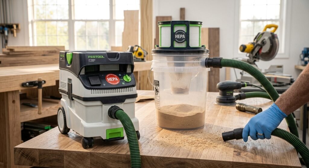 Shop vacuum connected to a cyclone dust separator bucket and HEPA filter for fine wood dust