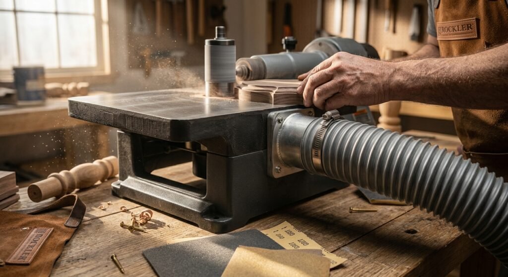 Correct hand placement and feed direction when sanding a curved wooden edge on a spindle sander
