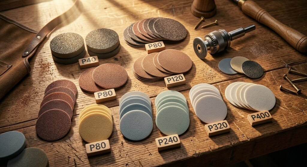 Assortment of foam-backed hook and loop sanding discs for wood bowl turning