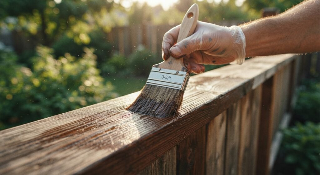 Applying exterior wood stain along the wood grain with a paintbrush
