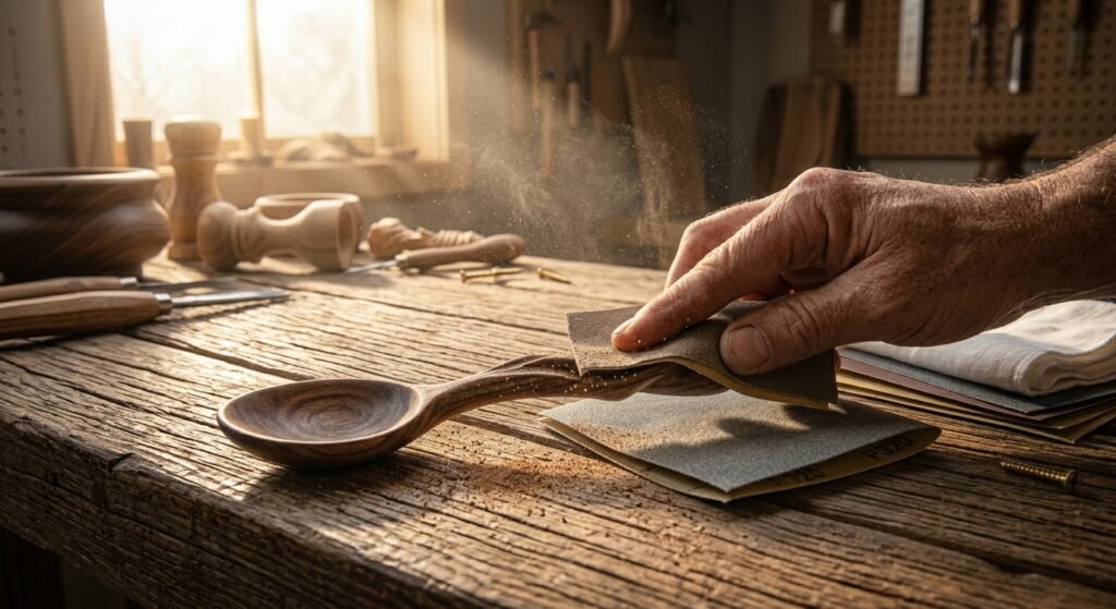 Sanding a wooden spoon handle carefully along the direction of the wood grain