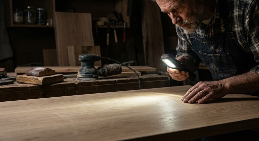 Woodworker inspecting a sanded wood surface using a raking light to check for swirl marks