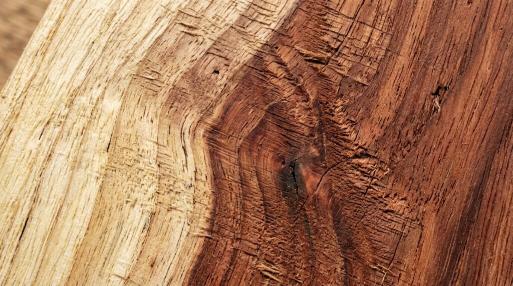 Macro view of interlocking grain structure and rough surface fibers on a neem wood plank