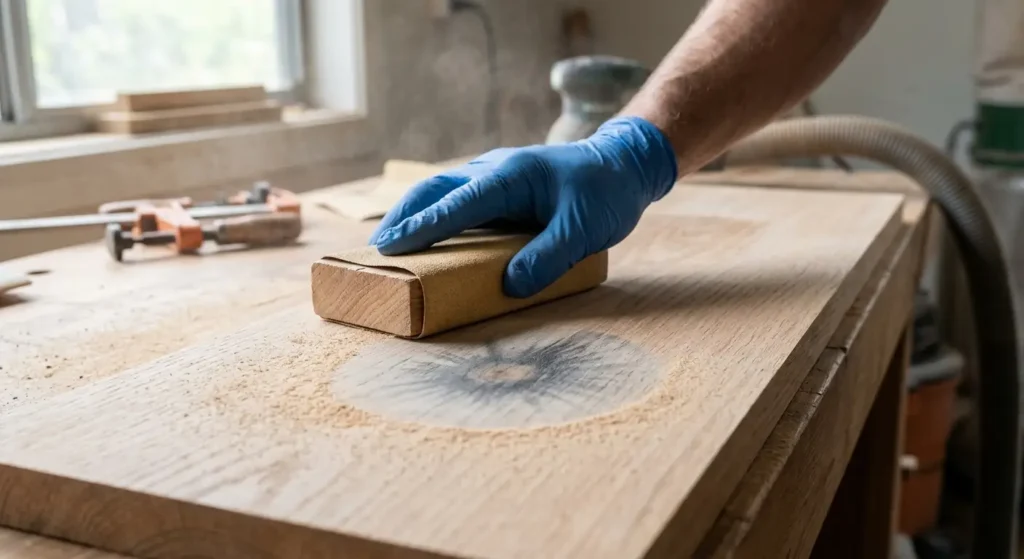 A close-up action photograph of hand sanding along the wood grain with a sanding block to lift a surface iron stain.
