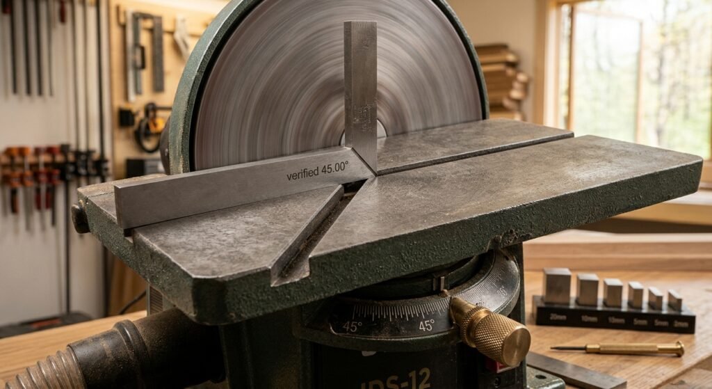 Checking 45-degree angle alignment on a cast-iron disc sander tilting table