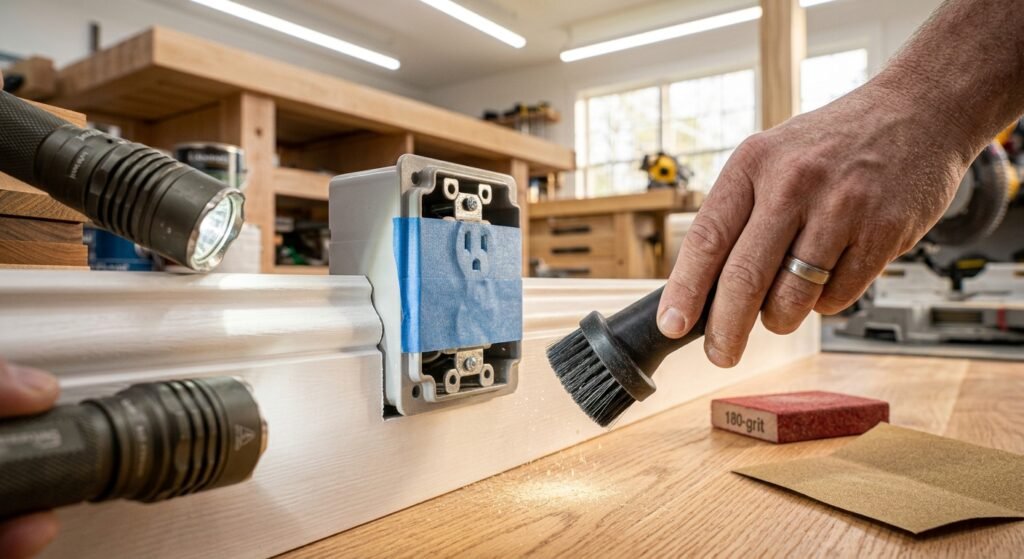Inspecting smooth sanded wood trim around an electrical outlet with a flashlight after vacuuming dust