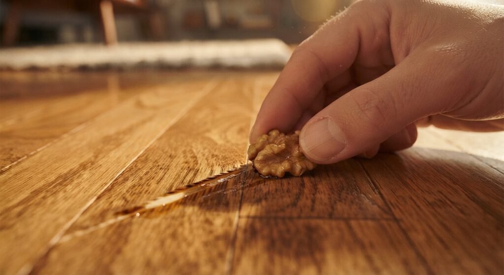 Using a raw walnut to naturally conceal a light surface scratch on hardwood