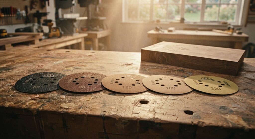 Various sandpaper grit discs arranged in a sequence for woodworking projects"
