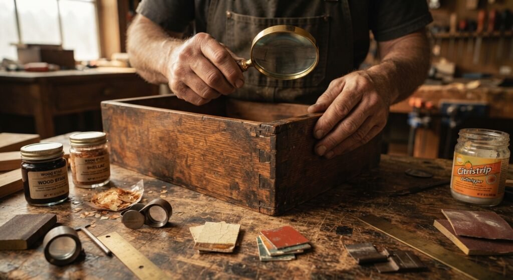 Inspecting antique wood finish and joints before starting furniture restoration