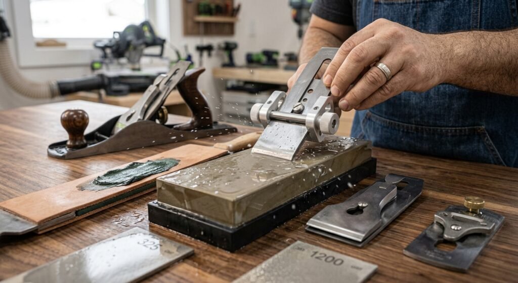 Sharpening a hand plane blade on a diamond sharpening stone using a honing guide