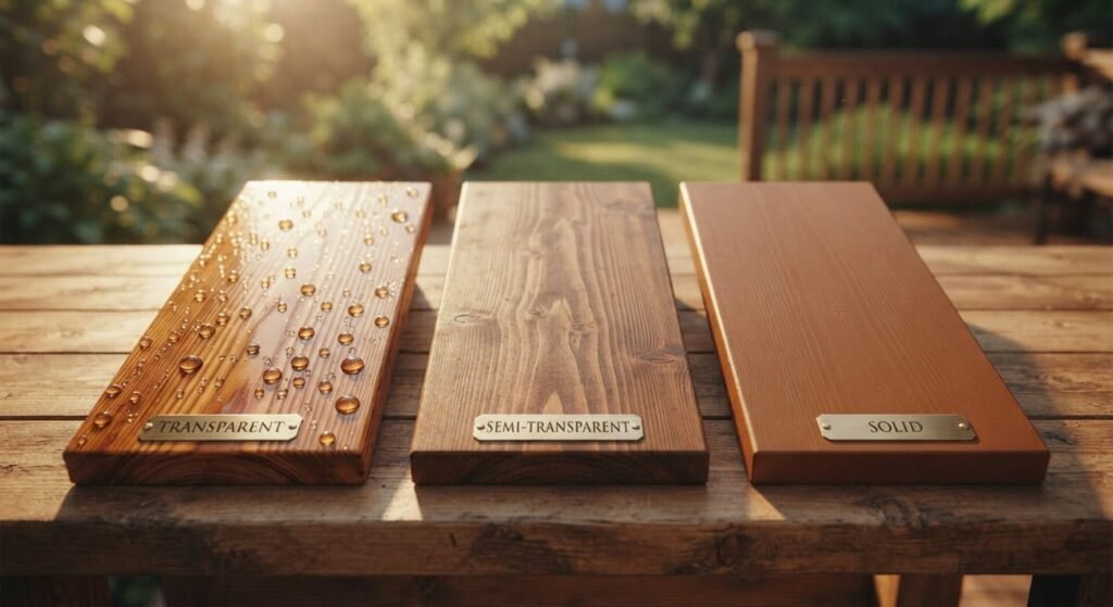 Wood sample boards displaying transparent, semi-transparent, and solid exterior wood stains