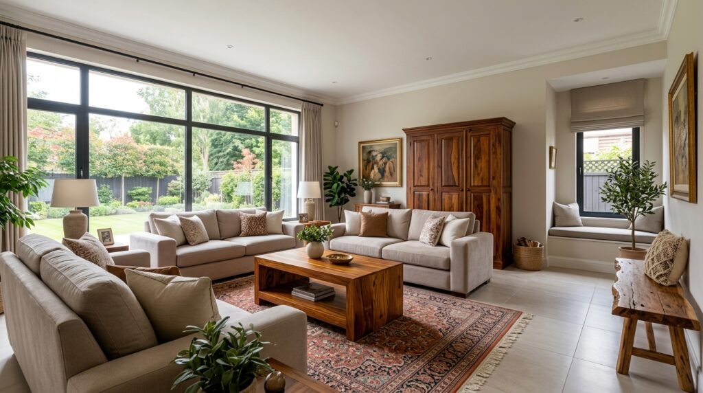 Elegantly furnished living room with a solid sheesham coffee table and wardrobe