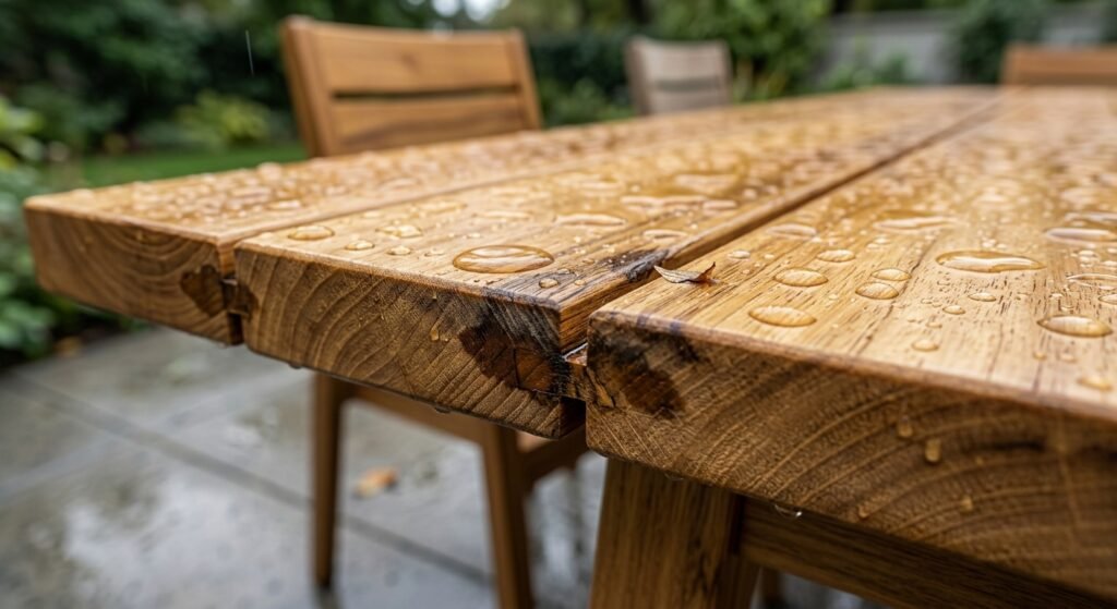 Moisture soaking into the end grain and glue joints of an acacia wood outdoor table