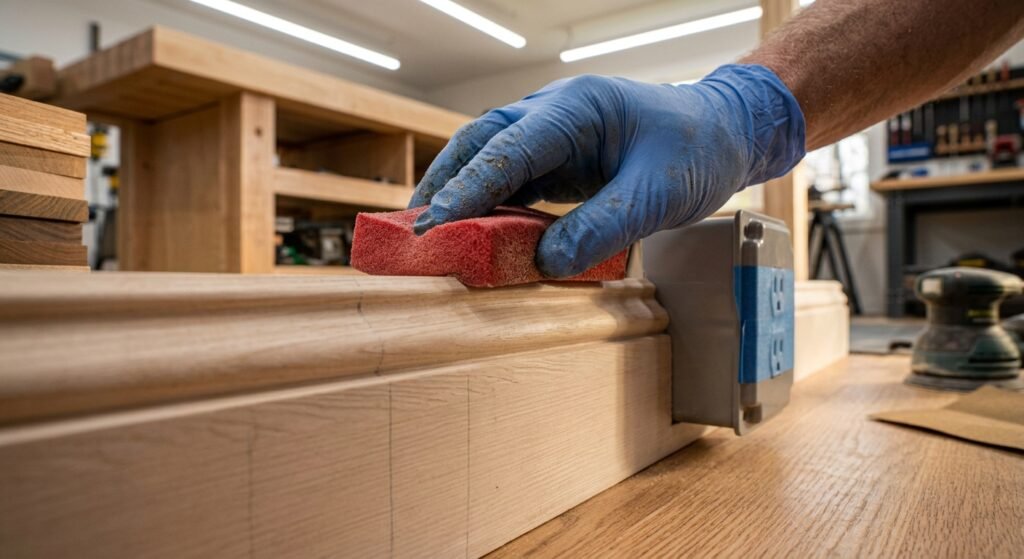 "Hand sanding contoured wood molding near an electrical outlet box using a flexible foam sanding sponge
