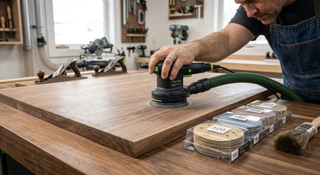 Using a random orbital sander with vacuum hose attachment to finish a wood table panel