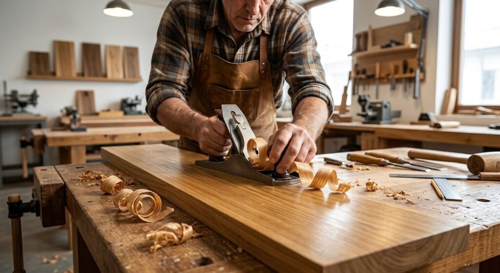 A craftsman planing a golden Teak wood board to expose its natural oily sheen and elegant straight grain.