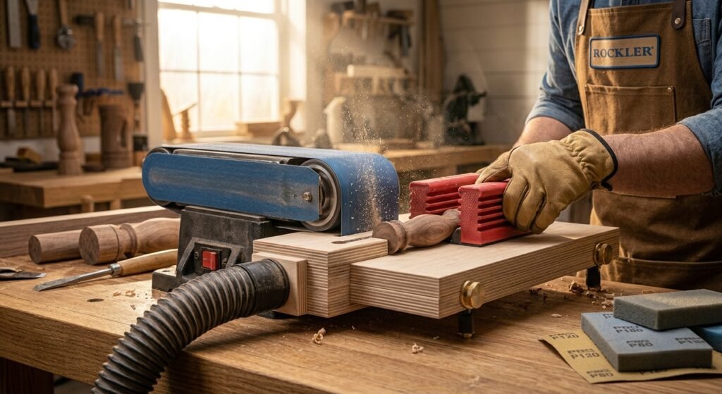 Using push blocks with a belt sander jig equipped with an active dust collection hose