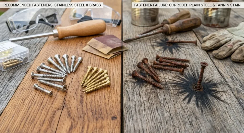 A detailed comparison shot showing clean stainless steel screws next to rusty plain steel screws that caused black iron stains on wood.