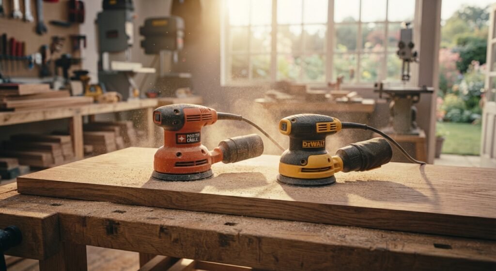 An orbital sander and a palm sander sitting on a wooden workbench in a workshop