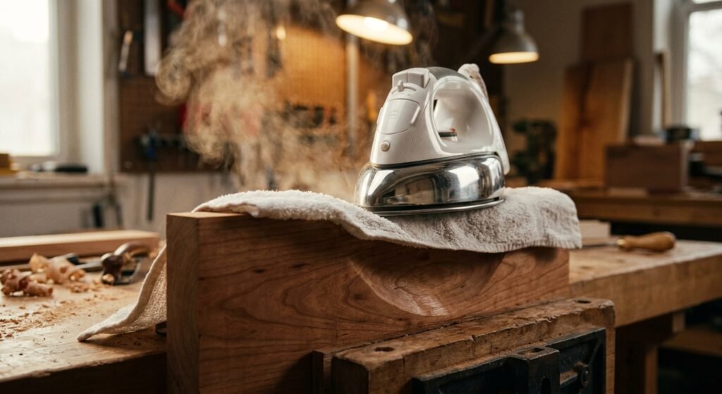 Applying a hot steam iron over a damp towel to unwarp a cupped wooden board