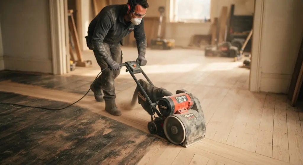 Operating a drum sander along the wood grain of a hardwood floor.