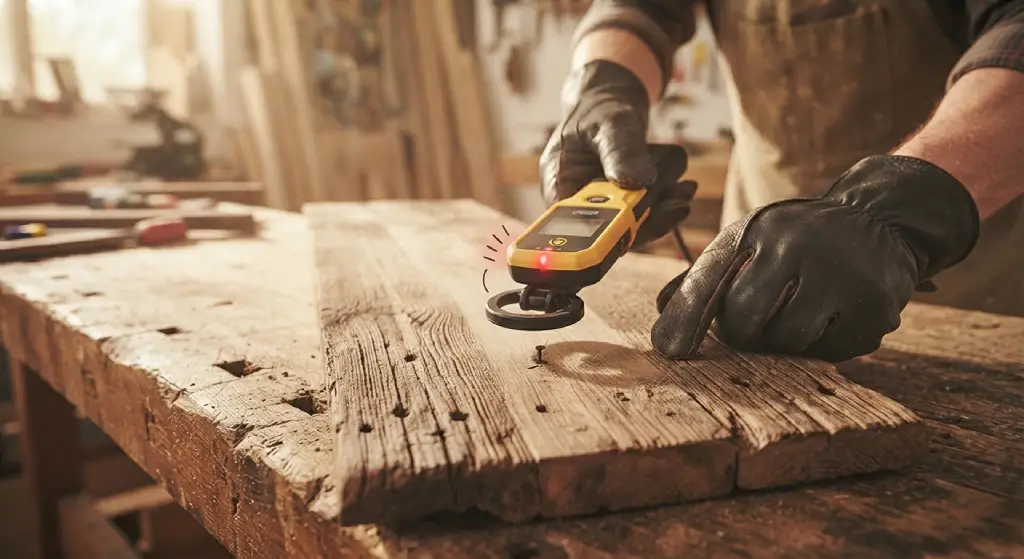 Scanning reclaimed wood with a metal detector for hidden nails.