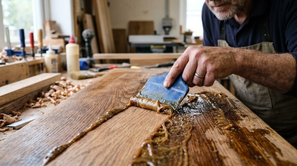 Woodworker using a plastic putty scraper to gently lift softened polyurethane sludge off wood along the grain.