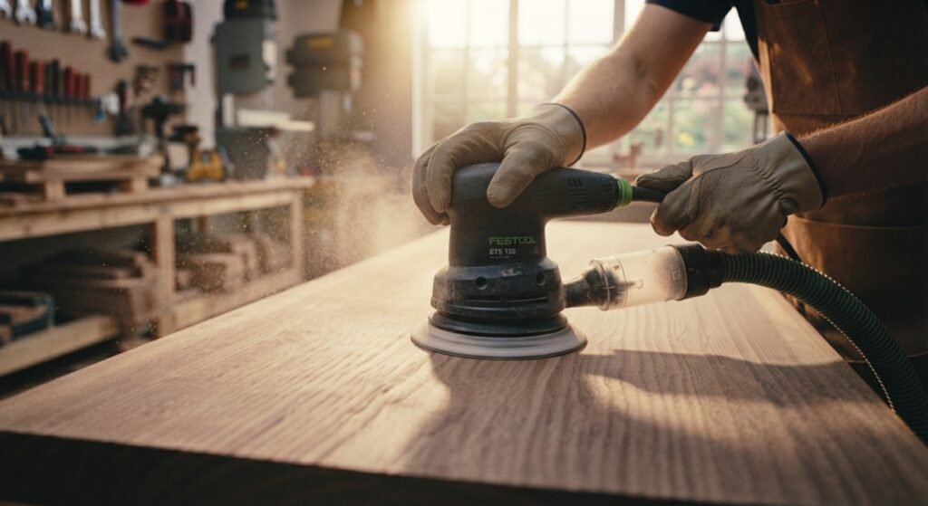Using a random orbital sander with a round sanding disc on a wood panel"