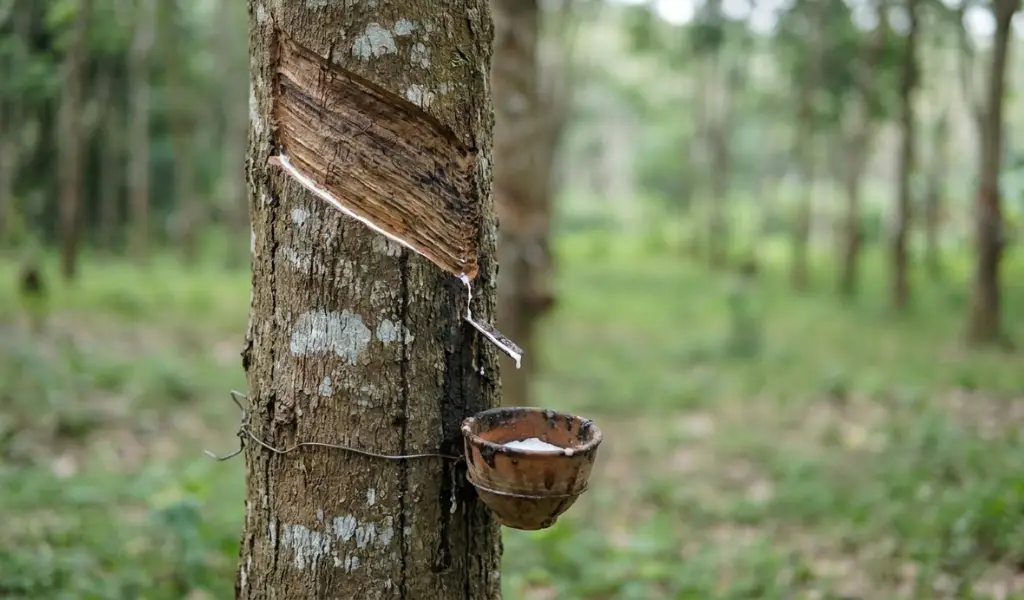 Detailed close-up of a mature Pará rubber tree with a spiral tap cut actively collecting white latex into a rustic ceramic cup on a sustainable plantation, with a blurred forest background.