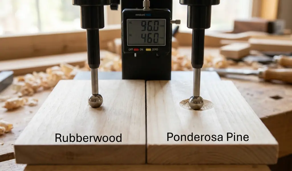 Macro view of a digital Janka hardness test device simultaneously pressing a small steel ball into samples of light Rubberwood and pale Ponderosa Pine in a woodworking lab.