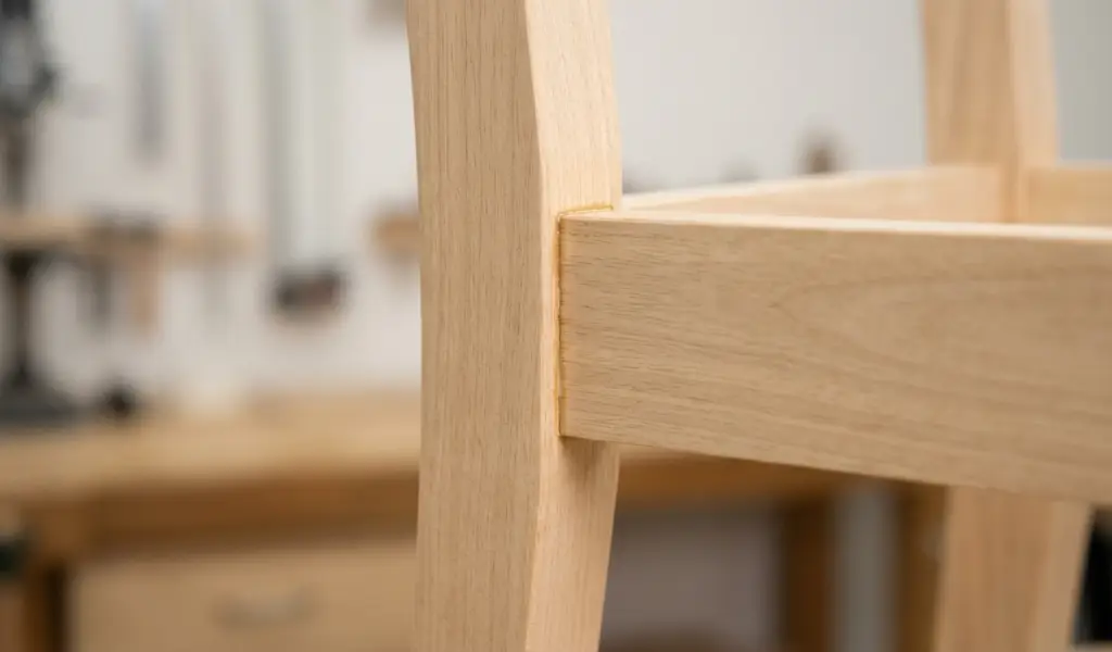 Detailed close-up of a clean, precise mortise and tenon joint where a stable, pale tan Rubberwood chair leg connects to a side rail, showing a neat glue line.