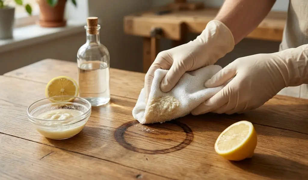 A close-up photograph of applying a lemon juice and baking soda paste with a soft cloth to treat a faint black iron stain on a wood table.