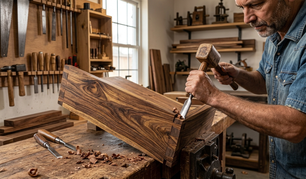 Craftsman carving detailed joinery on a sheesham wood bed frame panel
