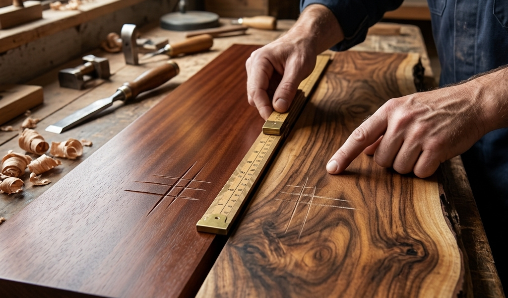 A close-up view of acacia and mahogany wood slabs being inspected for durability and hardness in a workshop.