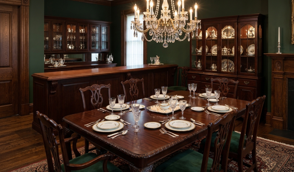 A formal dining room showing a polished solid mahogany wood dining table with deep red-brown finish.