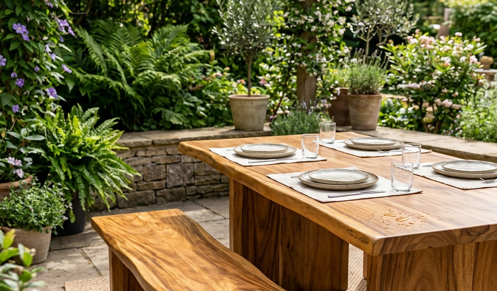 A sealed solid acacia wood patio table and bench set placed outdoors in a sunny garden.