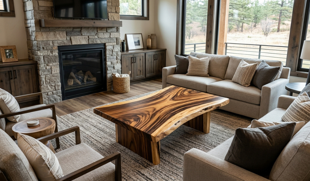 A modern live-edge acacia wood coffee table featuring wild swirling grain patterns and honey-colored bands.