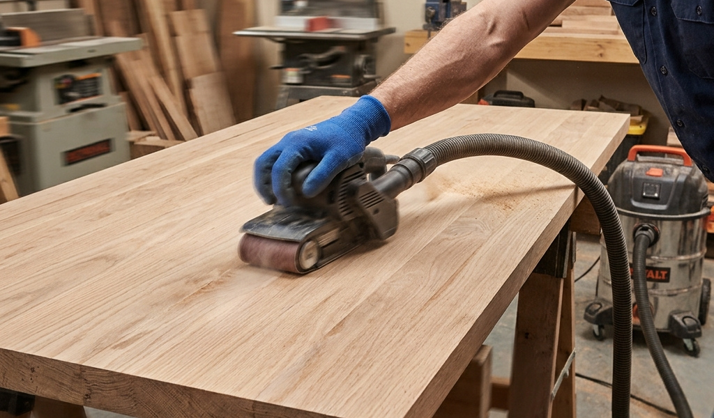 "A craftsman operating a handheld belt sander to flatten and smooth a large solid wood tabletop surface.