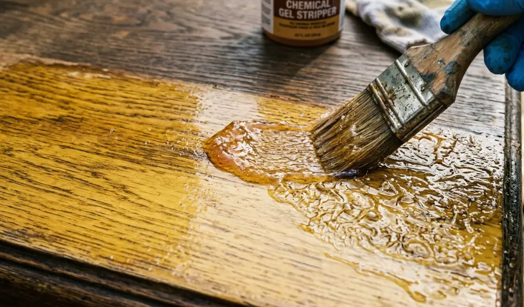Close-up of chemical gel stripper applied to wood causing old yellowed polyurethane finish to bubble and wrinkle