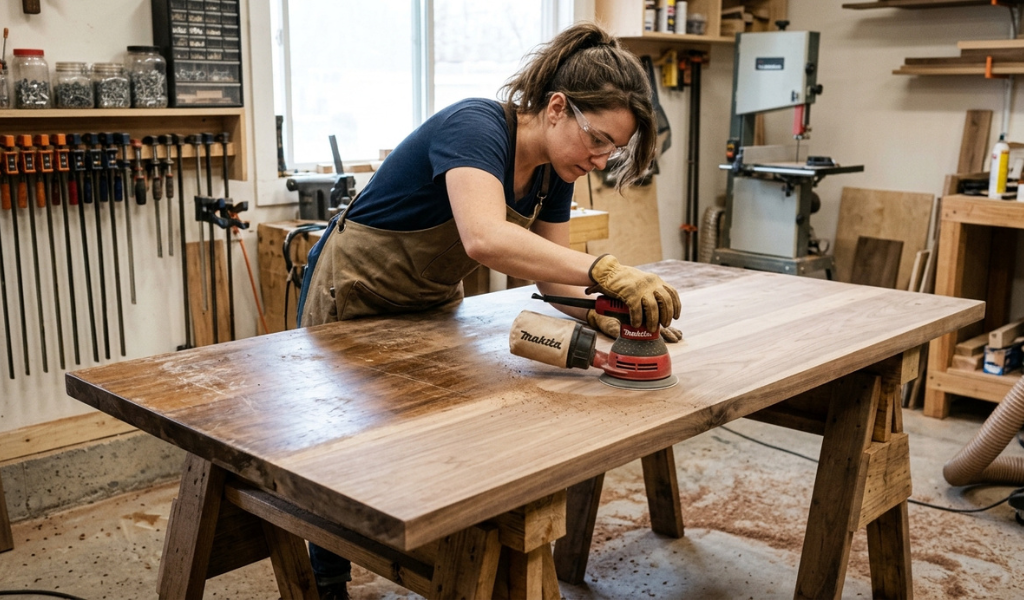 Craftsperson using a random orbital sander to remove old polyurethane finish down to bare wood on a flat tabletop.
