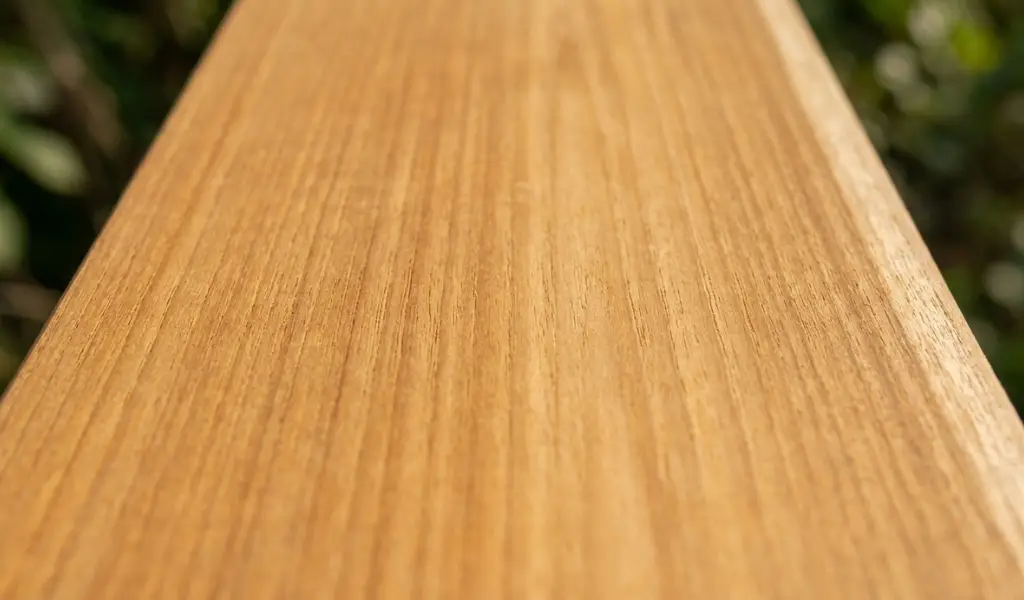 Environmental photo showing new Merbau decking leaching dark tannin stains onto a light concrete patio and white retaining wall after rain, illustrating the 'bleed factor'