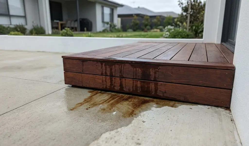 Patio scene showing Merbau wood decking alongside a Teak wood lounge chair, illustrating the typical application and cost difference for each hardwood